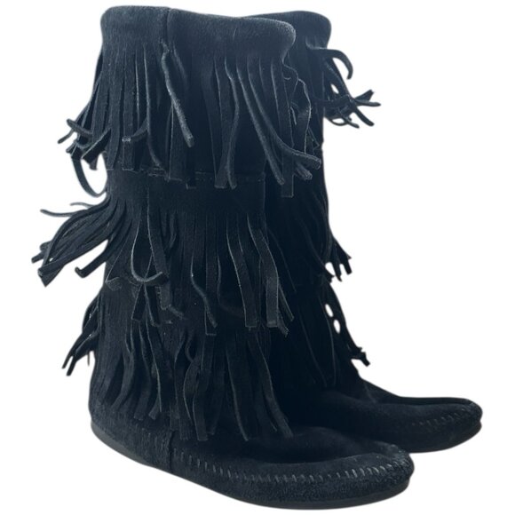 Minnetonka Boot Women 7 Black Suede Mid Calf 3 Tier Fringe moccasin boho Festiva - Picture 6 of 16